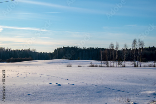 View of the countryside. Footprints in the snow