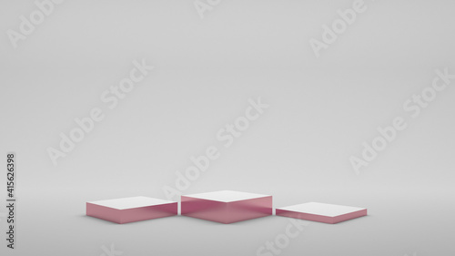 Three square podiums for the winners. 3 metal and pink stands on a white background. Demonstration pedestals. Rectangular background. 3d render.