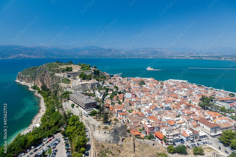Nafplio town, in Greece, panoramic view as seen from the top of Palamidi castle.