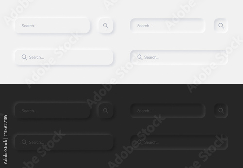 Search Bars In Different Variations UI Neumorphic Design Elements Set On Abstract Background. Aesthetic Neumorphism Style User Interface Components In Light And Dark Version
