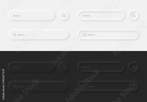 Search Bars In Different Variations UI Neumorphic Design Elements Set On White Black Background. Aesthetic Neumorphism Style User Interface Components In Light And Dark Version