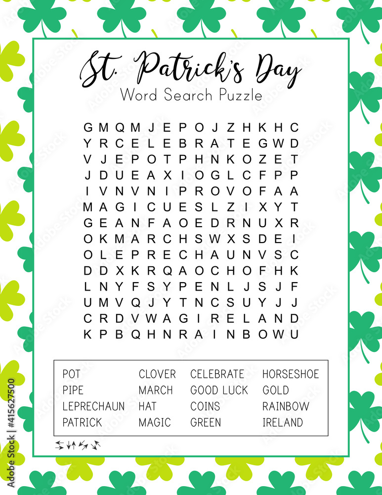 St. Patrick's Day word search puzzle. Festive worksheet for learning English words. Holiday crossword for children. Logic game for kids and adults. Vector party card.  