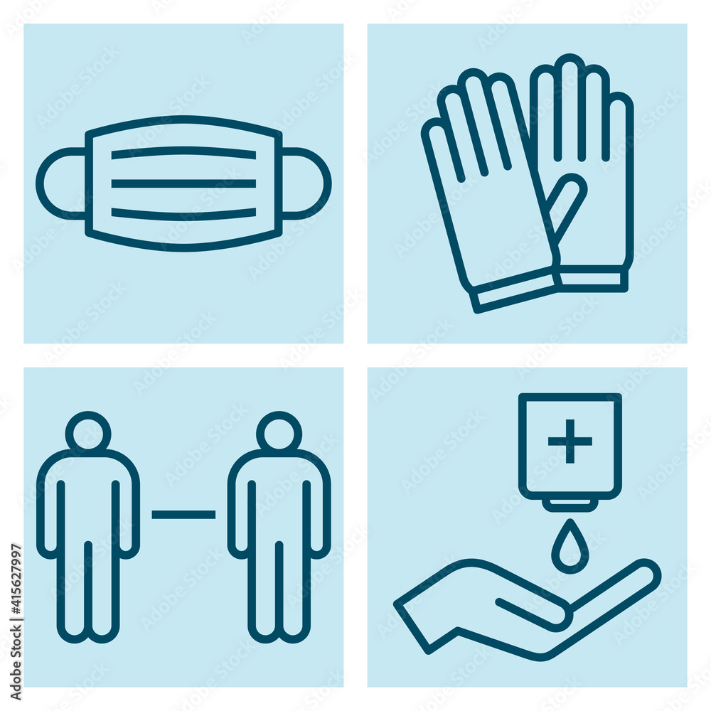 Obraz premium Protective mask, protective gloves, keep social distance and disinfect your hands sign