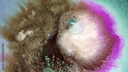 Inkscape texture. Teal ochre white ochre pink colorful abstract background. Liquid marble, fluid art