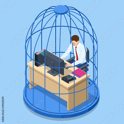 Isometric business man working at desk trapped inside birdcage. Stress at work. Overworked business man in jail. Deadline, bureaucracy, paperwork, paperwork.