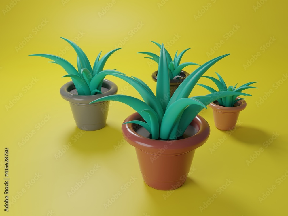 Cartoon plant pot on yellow background. 3d rendering illustration.