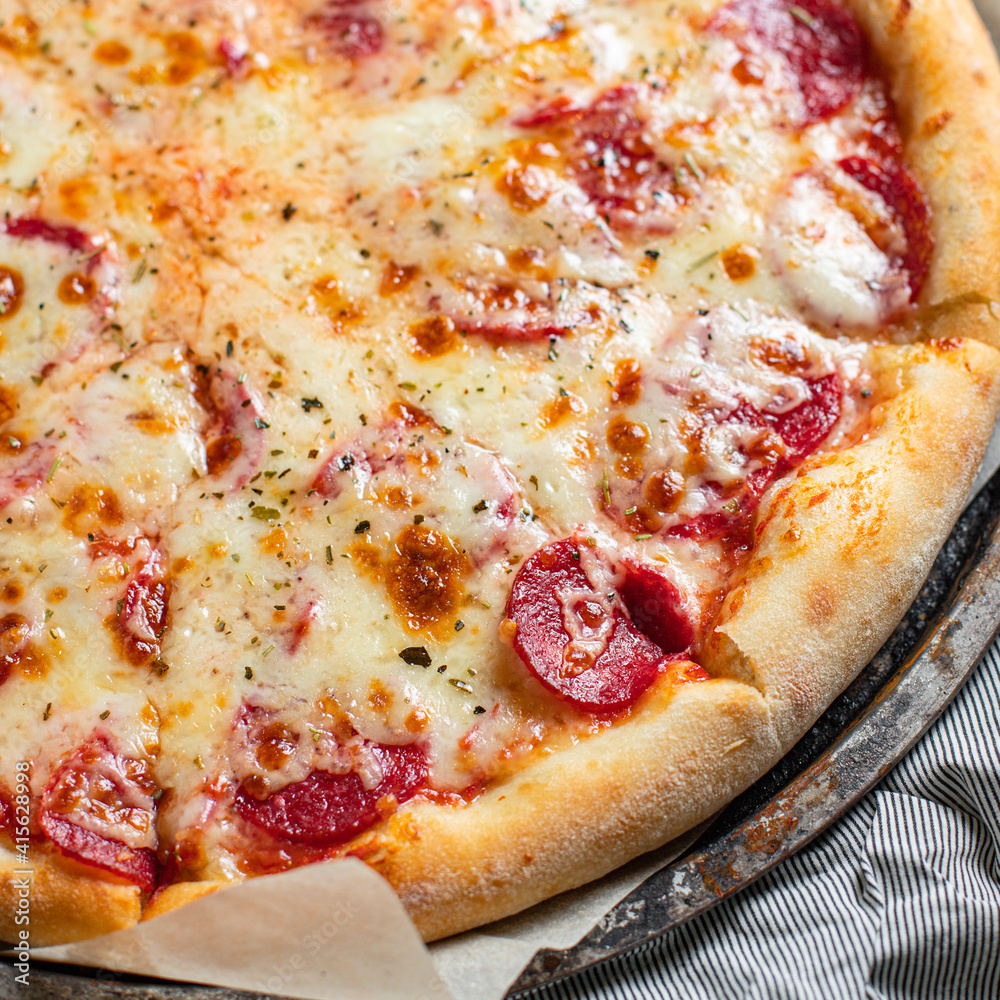 pepperoni pizza meat salami sausage double cheese fast food Takeaway on the table meal snack top view copy space for text food background rustic pepperoni pizza meat salami sausage double cheese fast food Takeaway on the table meal snack top view copy space for text food background rustic