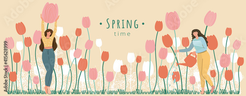 Spring season banner on beige background.Happy woman with tulip cute vector illustration in flat style for banner,card,poster,flyer,web.Flowers decoration.Hello spring template.Gardener female