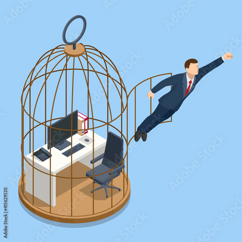 Isometric break free, and life change concept. Businessman in birdcage kicking his way to freedom.