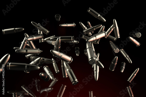 Photo 3d render illustration of metal bullets flying on dark background