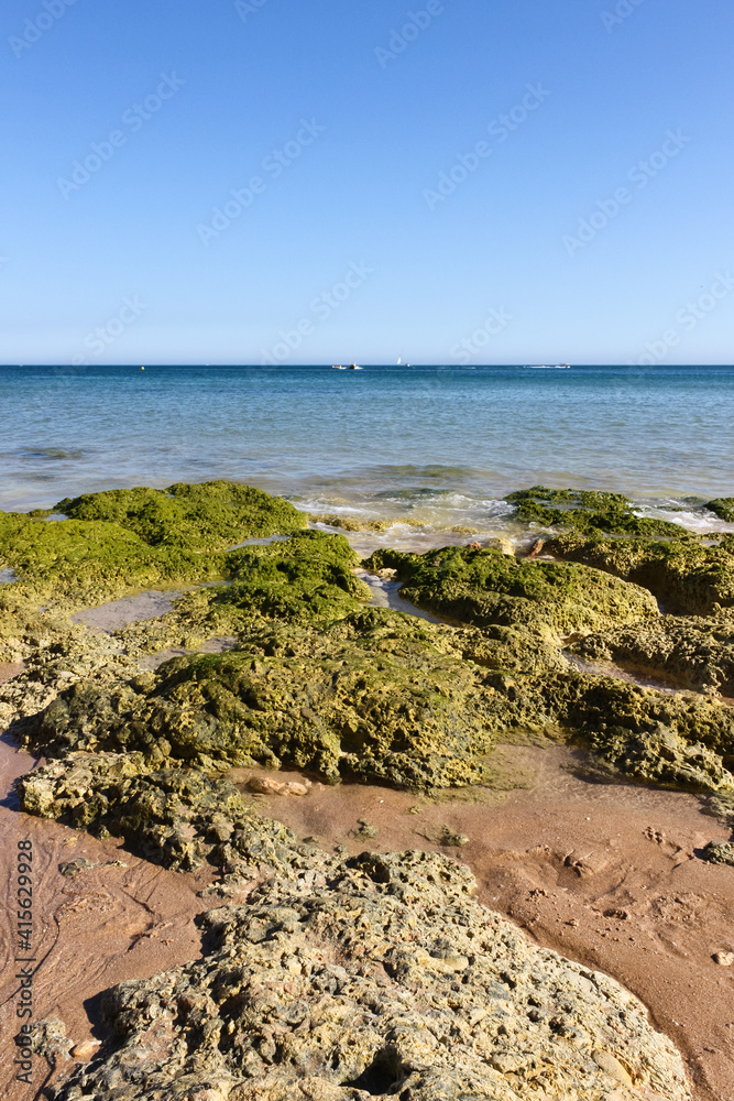 Algae-covered rocks at Boião beach, Alvor, Algarve, Portugal