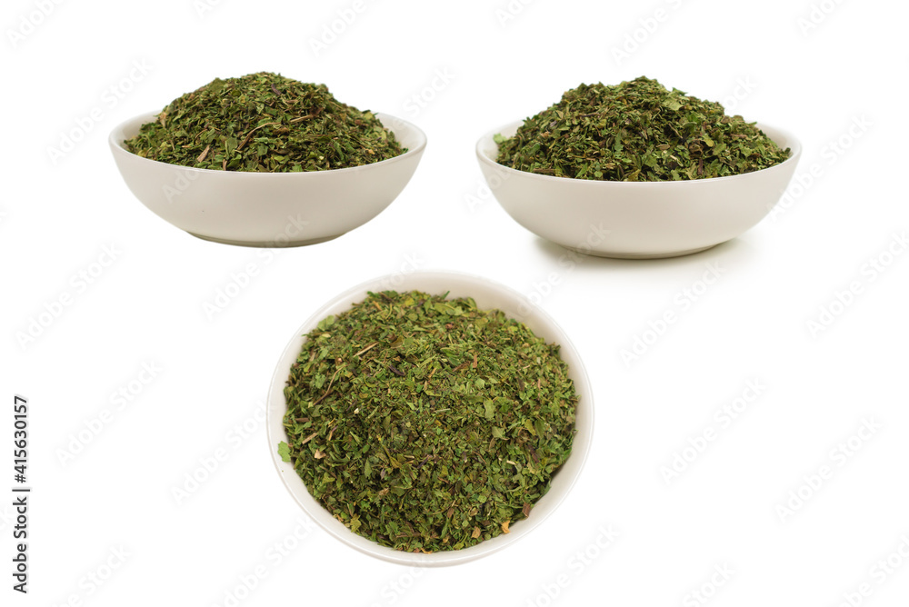 Dry mint in a bowl isolated.