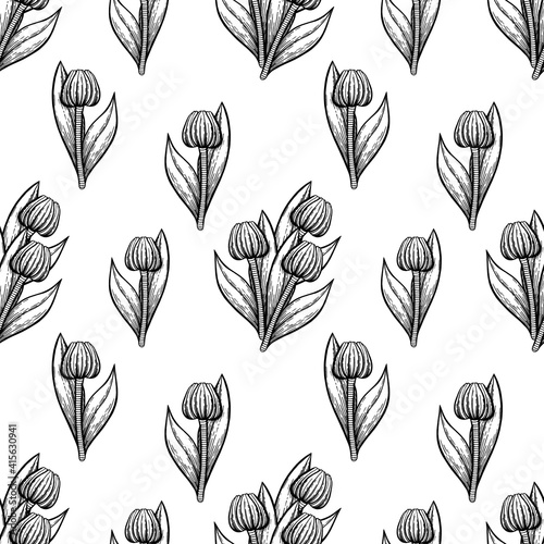 Seamless pattern from tulips. Monochrome black and white doodles  for wrapping paper. Hand drawn by feather on a white background.