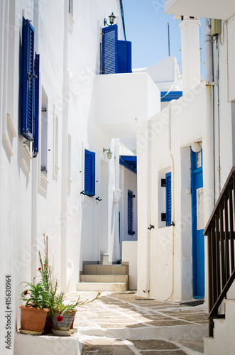 Greece white and blue houses on idyllic street