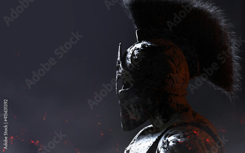 3d render illustration of stone spartan warrior in helmet statue on dark background. photo