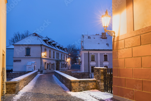 Wallpaper Mural Panoramic view of Cesky Krumlov in winter season, Czech Republic. View of the snow-covered roofs. Travel and Holiday in Europe. Christmas time. Historical houses and streets. UNESCO World Heritage Torontodigital.ca