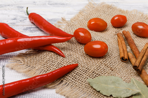Red chili peppers and cherry tomatoes