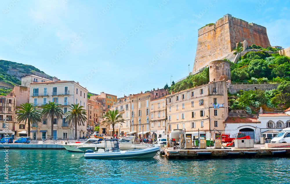The old Bonifacio and Citadel from the harbor, Corsica, France