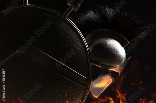 3d render illustration of spartan armored helmet and shield shaded on dark burning background Tapéta, Fotótapéta