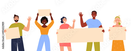 Teenagers showing posters. Collection of young men and women standing and holding blank banner. Male and female protesters or activists. Political meeting and protest. Vector trendy illustration.