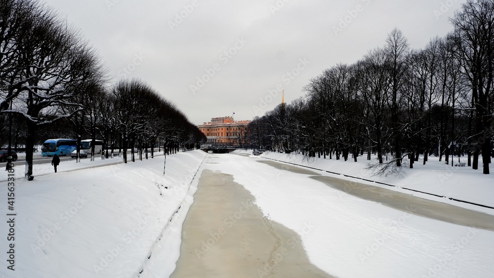 Saint Petersburg, Russia, there is a lot of snow on the streets in winter (February 2021)