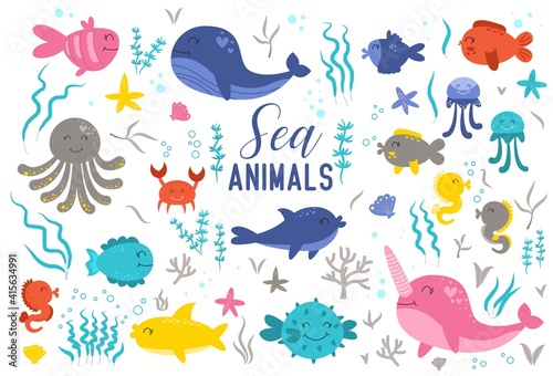 Sea animals hand drawn. Marine life. Ocean wildlife.