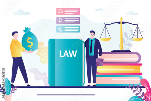 Lawyer helps people. Male client with payment. Male notary provides legal services. Concept of law, justice and authority. Court process.