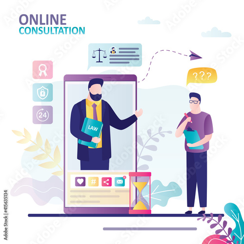 Technology of internet support. Man consults online with professional lawyer. Advocate holds lawbook and advises client by smartphone.