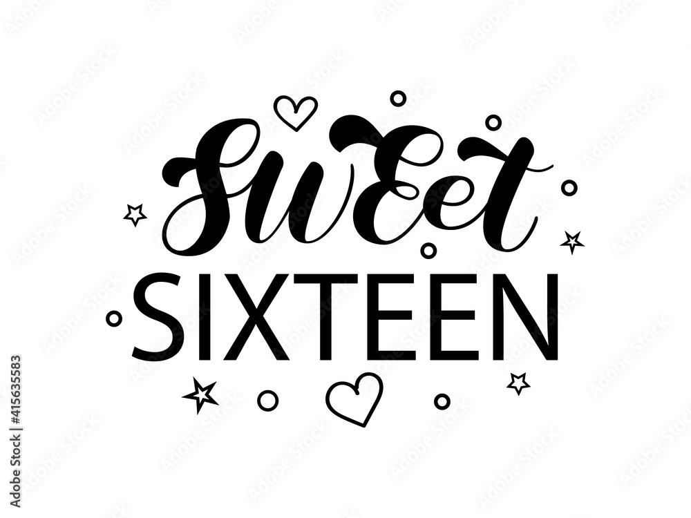 Sweet Sixteen brush lettering. 16x birthday girl. Phrase for shirt. Vector stock illustration for cloth