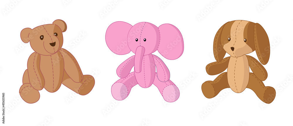 Vector set of kids toys. There's a bear, a pink elephant and a dog. Vector set of kids toys. There's a bear, a pink elephant and a dog.