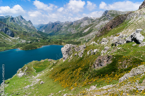 Fototapeta Naklejka Na Ścianę i Meble -  Photo taken in summer in the Lake of the Valley Natural Park, which is also a Biosphere Reserve.This beautiful and simple route starts from the town called Lake Valley in Somiedo, Asturias, Spain.