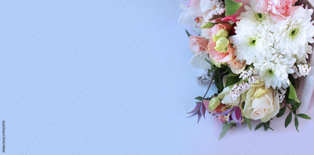 Fototapeta Festive elegant bouquet in light colors. Background for a greeting card.
