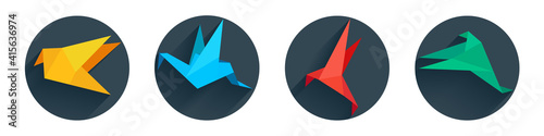 Colorful origami birds collection. Flat style paper crane with shadow. Vector illustration.