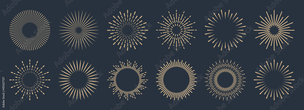 Vintage sunburst collection. Bursting golden sun rays. Fireworks. Logotype or lettering design element. Radial sunset beams. Vector illustration.