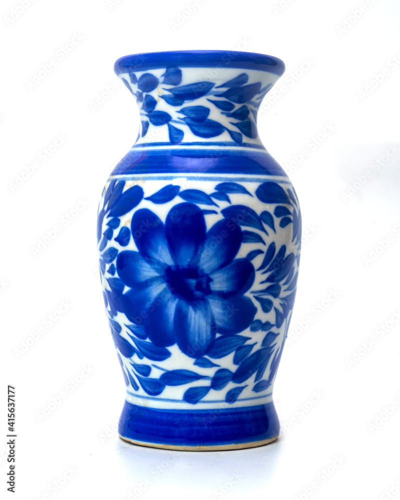 Chinese blue white ceramic vase for flowers on a white background.