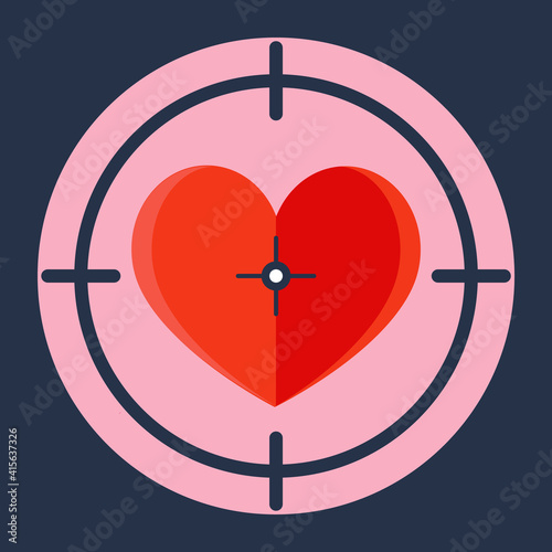 red heart in a sniper scope. seduce a girl. flat vector illustration.