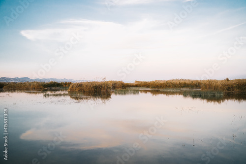 Large lake with the sky reflected in the water in the natural park "El Hondo" at sunset. Elche, Alicante, Spain.