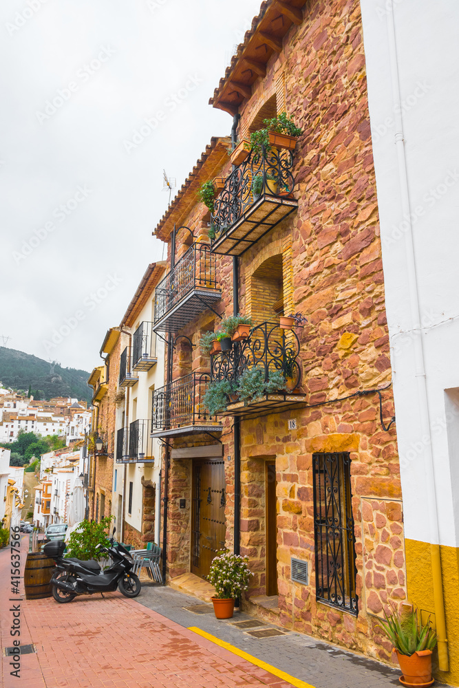 Vilafames, Castellon province, Valencian Community, Spain. One of Spain’s Most Beautiful Towns in the country. Historic medieval street and architecture. 