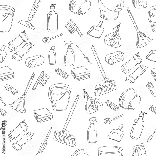 Cleaning tools seamless pattern.Washing equipment for floor,windows and dust removing.Vector doodle style items for purifying on white background.Bucket, brushes, detergent and soap.