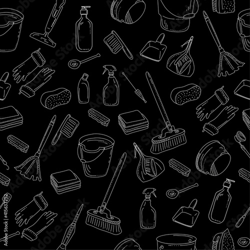 Cleaning tools seamless pattern.Washing equipment for floor,windows and dust removing.Vector doodle style items for purifying on black background.Bucket, brushes, detergent and soap.