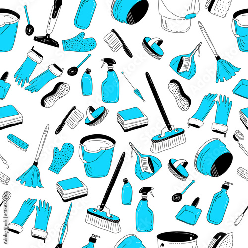 Cleaning tools seamless pattern.Washing equipment for floor,windows and dust removing.Vector doodle style items for purifying on white background.Bucket, brushes, detergent and soap. Blue color.