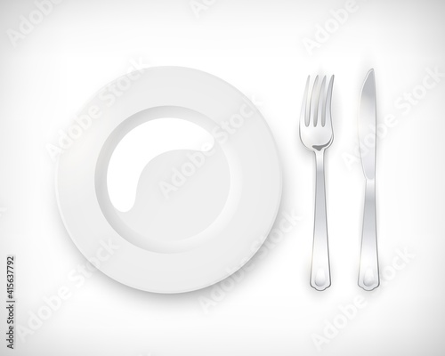 Top view white empty round plate with cutlery set of silver fork and knife. Table setting isolated on vignette background. Elements for web design.