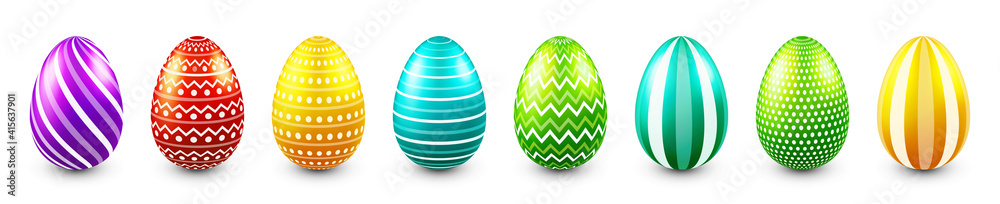 Colorful Easter eggs isolated on white background. Seasonal spring decoration element. Egg hunt game. Vector illustration.