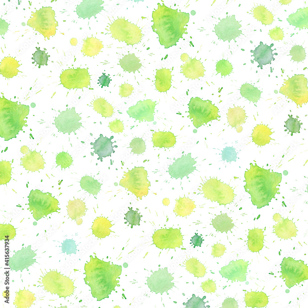 Bright pattern with green watercolor drops on white background