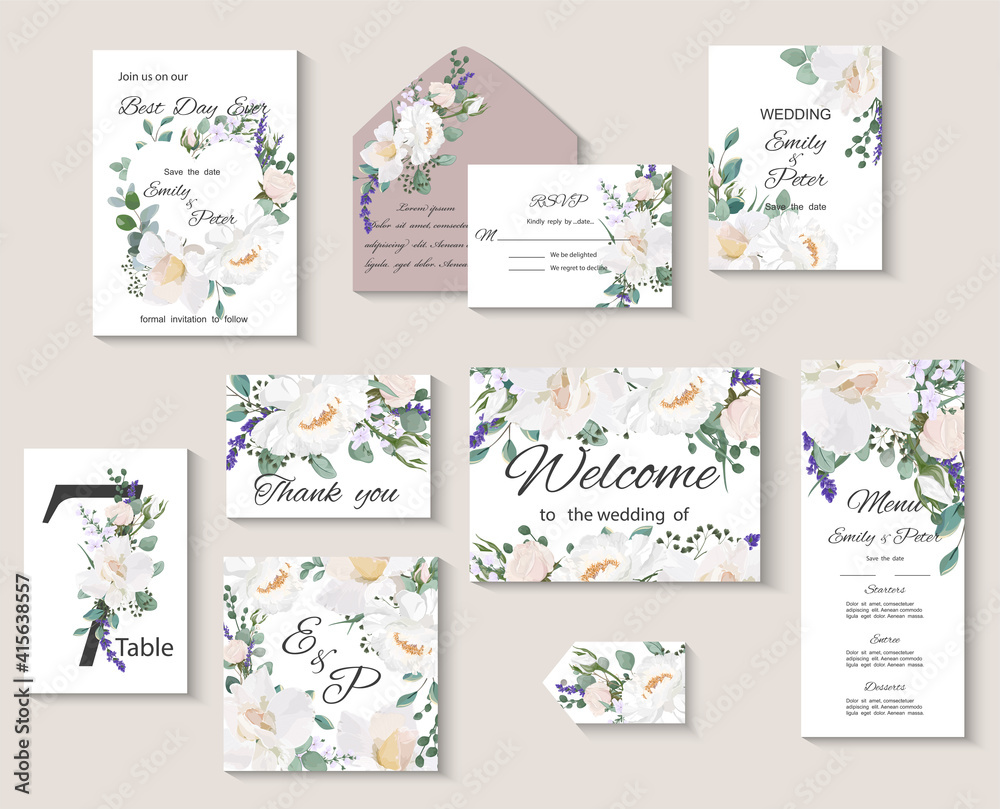 Wedding invitation with flowers and leaves, watercolor, isolated on white. Vector Watercolor.