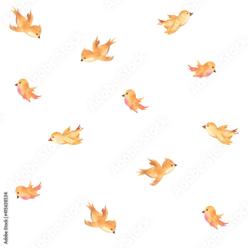 Watercolor seamless pattern on the white background. Hand drawn flying little birds.