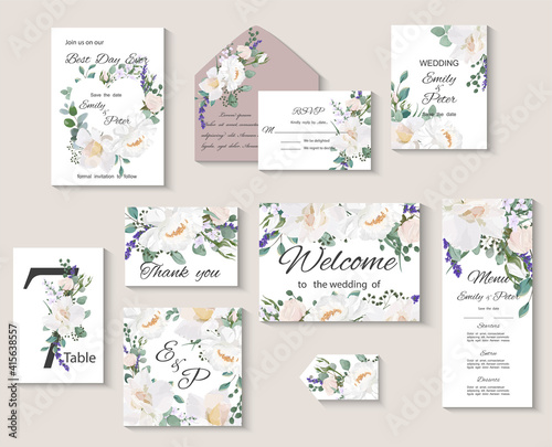 Wedding invitation with flowers and leaves, watercolor, isolated on white. Vector Watercolor.