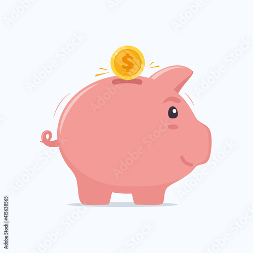 Piggy bank with coin. Money saving, economy, investment, banking or business services concept. Profit, income, earnings, budget, fund. Vector illustration.