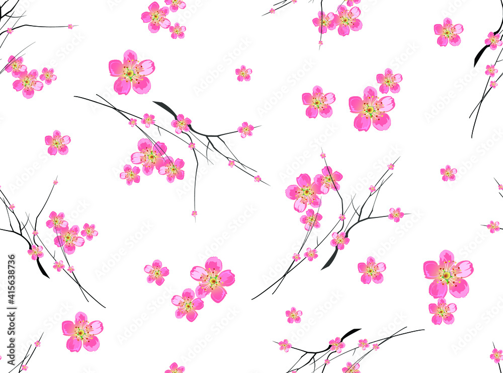 Seamless bloom sakkura pattern background. Vector drawing for design of wallpapers, fabric, packaging, decorative print, textile, other. 