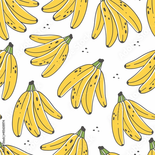 Seamless pattern with bananas in cute cartoon doodle style. Vector illustration. Pattern with a bunch of bananas on a white background.